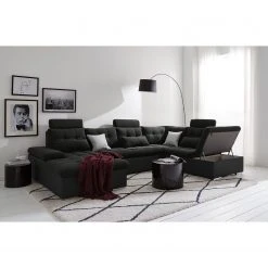 Fredriks Wohnlandschaft Puntiro I - Kunstleder Lilo / Strukturstoff Satur: Schwarz / Anthrazit - Longchair davorstehend links / Ottomane rechts -Wohnzimmermöbel boutique en ligne 1000021540 210614 18402100118 MOOD DETAILS P000000001000021540 mood