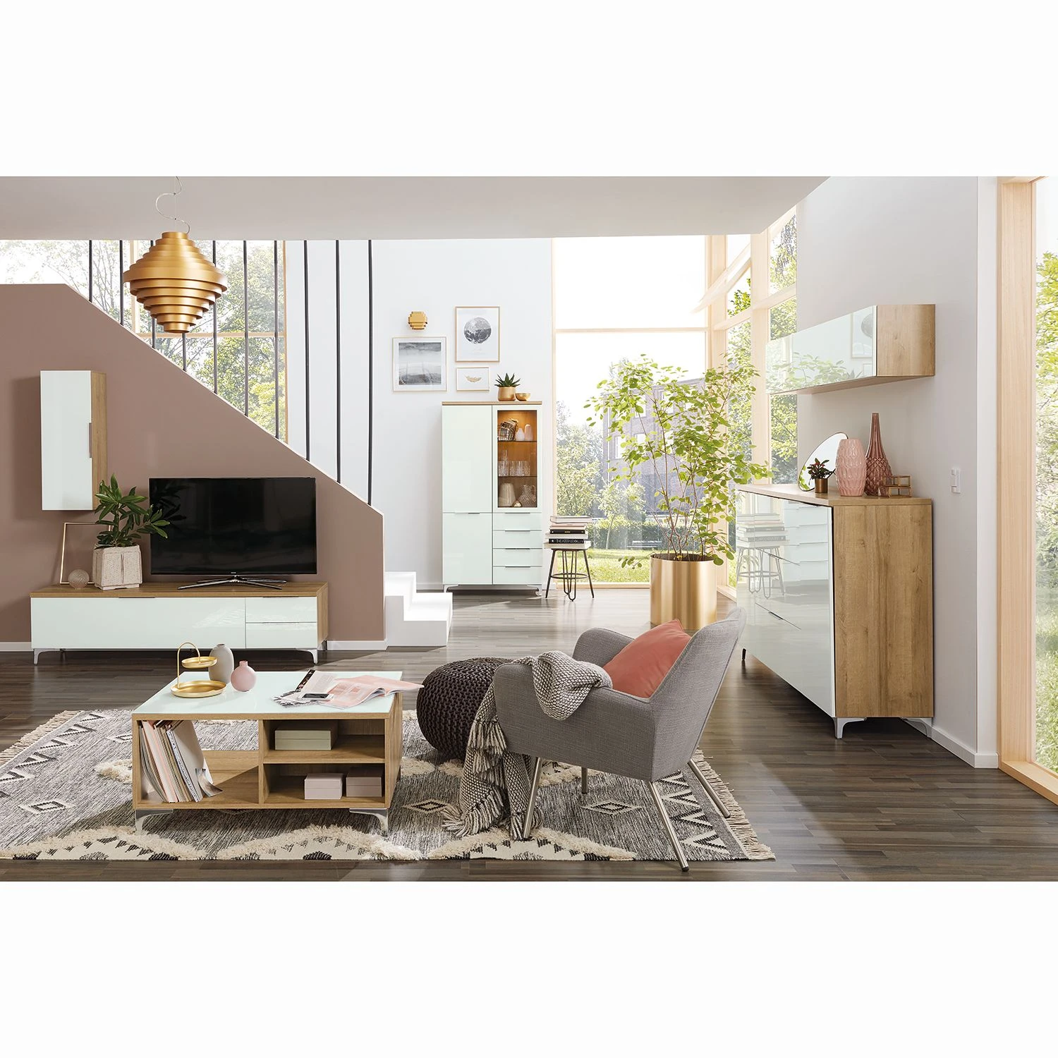 Maja Möbel Couchtisch Shino - Glas Weiß / Eiche Riviera Dekor 2 Maja Möbel Couchtisch Shino - Glas Weiß / Eiche Riviera Dekor – Bild 2