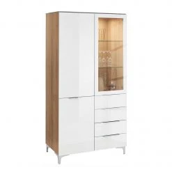 Maja Möbel Vitrinenschrank Shino - Inkl. Beleuchtung - Glas Weiß / Eiche Riviera Dekor