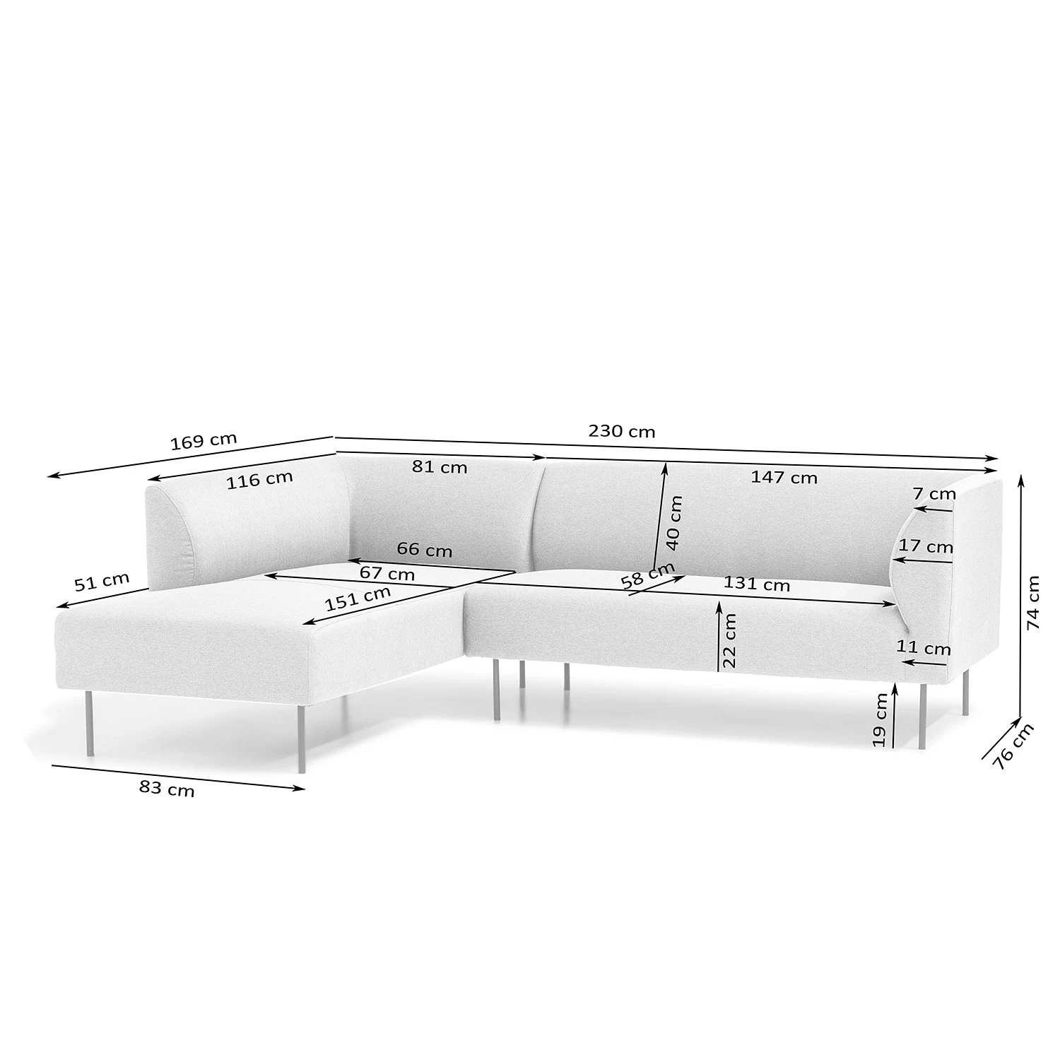 Fredriks Ecksofa Kolkki - Webstoff - Hellgrau - Longchair davorstehend links 10 Fredriks Ecksofa Kolkki - Webstoff - Hellgrau - Longchair davorstehend links – Bild 10