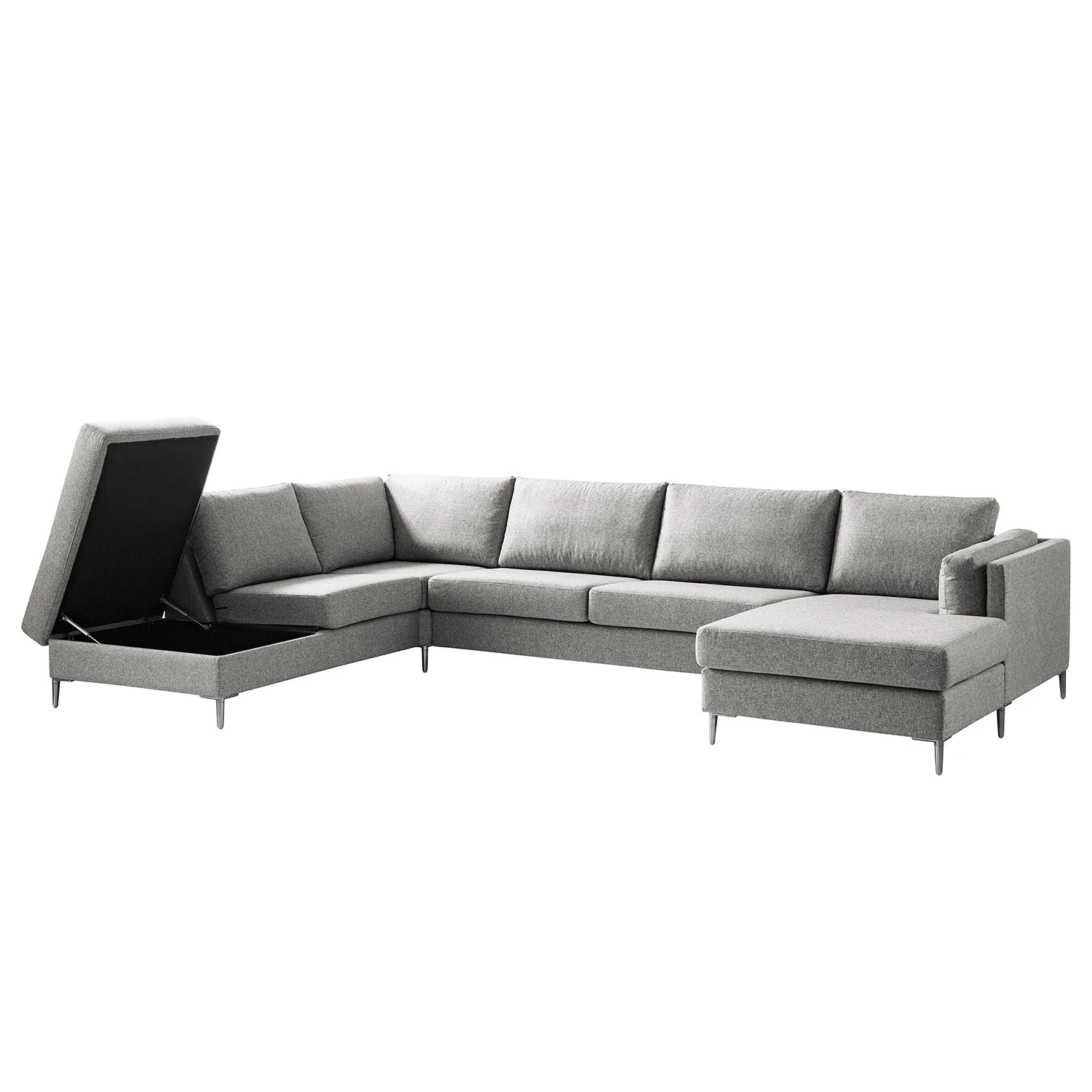 Studio Copenhagen Wohnlandschaft COSO Classic+ - Webstoff Inze: Hellgrau - Longchair davorstehend rechts / Ottomane links - Bettkasten - Chrom glänzend 5 Studio Copenhagen Wohnlandschaft COSO Classic+ - Webstoff Inze: Hellgrau - Longchair davorstehend rechts / Ottomane links - Bettkasten - Chrom glänzend – Bild 5