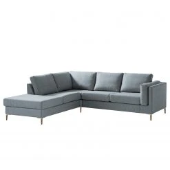 Studio Copenhagen Ecksofa COSO Classic+ mit Ottomane - Webstoff Inze: Graublau - Breite: 245 cm - Ottomane davorstehend links - Bettkasten - Eiche Dunkel