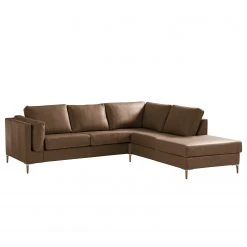Studio Copenhagen Ecksofa COSO Classic+ mit Ottomane - Echtleder Taru: Nougat - Breite: 245 cm - Ottomane davorstehend rechts - Bettkasten - Eiche Dunkel