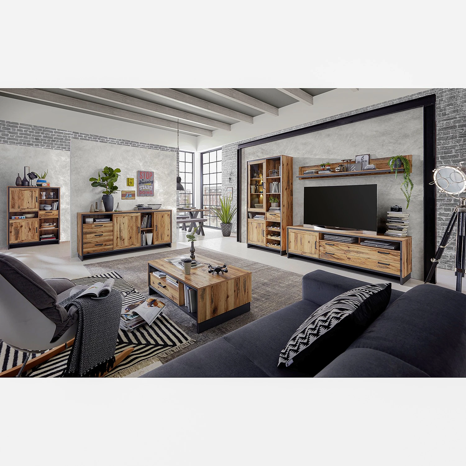 Ridgevalley Wohnwand Priay II (3-teilig) - Inkl. Beleuchtung - Lärche Dekor / Graphit 2 Ridgevalley Wohnwand Priay II (3-teilig) - Inkl. Beleuchtung - Lärche Dekor / Graphit – Bild 2