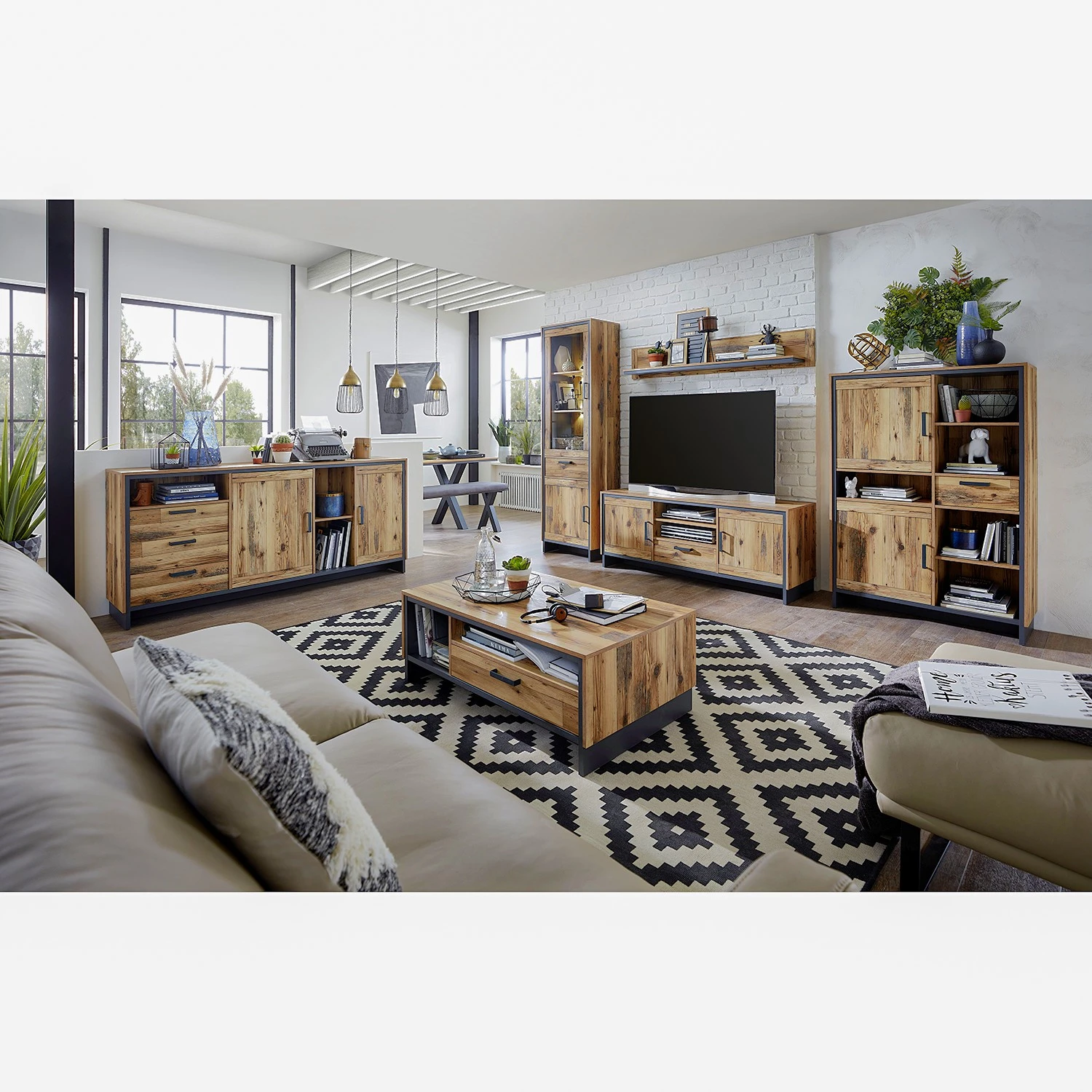 Ridgevalley Wohnwand Priay III (4-teilig) - Inkl. Beleuchtung - Lärche Dekor / Graphit 2 Ridgevalley Wohnwand Priay III (4-teilig) - Inkl. Beleuchtung - Lärche Dekor / Graphit – Bild 2