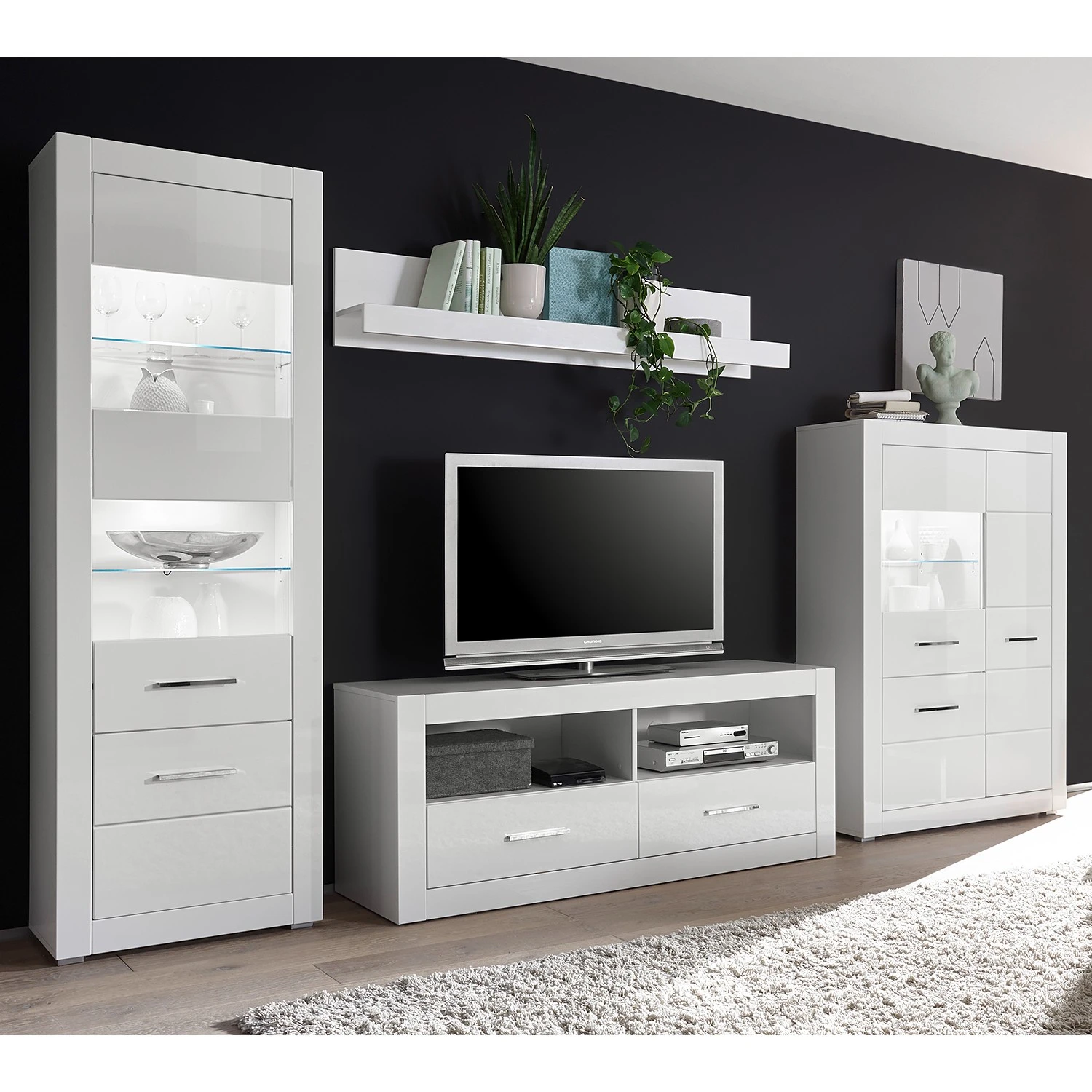 Loftscape Wohnwand Bricktown II (4-teilig) - Hochglanz Weiß / Matt Weiß 2 Loftscape Wohnwand Bricktown II (4-teilig) - Hochglanz Weiß / Matt Weiß – Bild 2