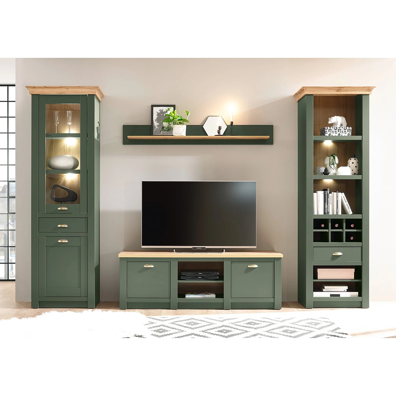 Norrwood Wohnwand Cardet (4-teilig) - Moosgrün / Eiche Wotan Dekor 2 Norrwood Wohnwand Cardet (4-teilig) - Moosgrün / Eiche Wotan Dekor – Bild 2