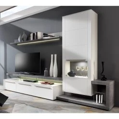 GWINNER Wohnwand Bellano II (3-teilig) - Matt Weiß / Beton Dekor - Ausrichtung rechts - Mit Beleuchtung