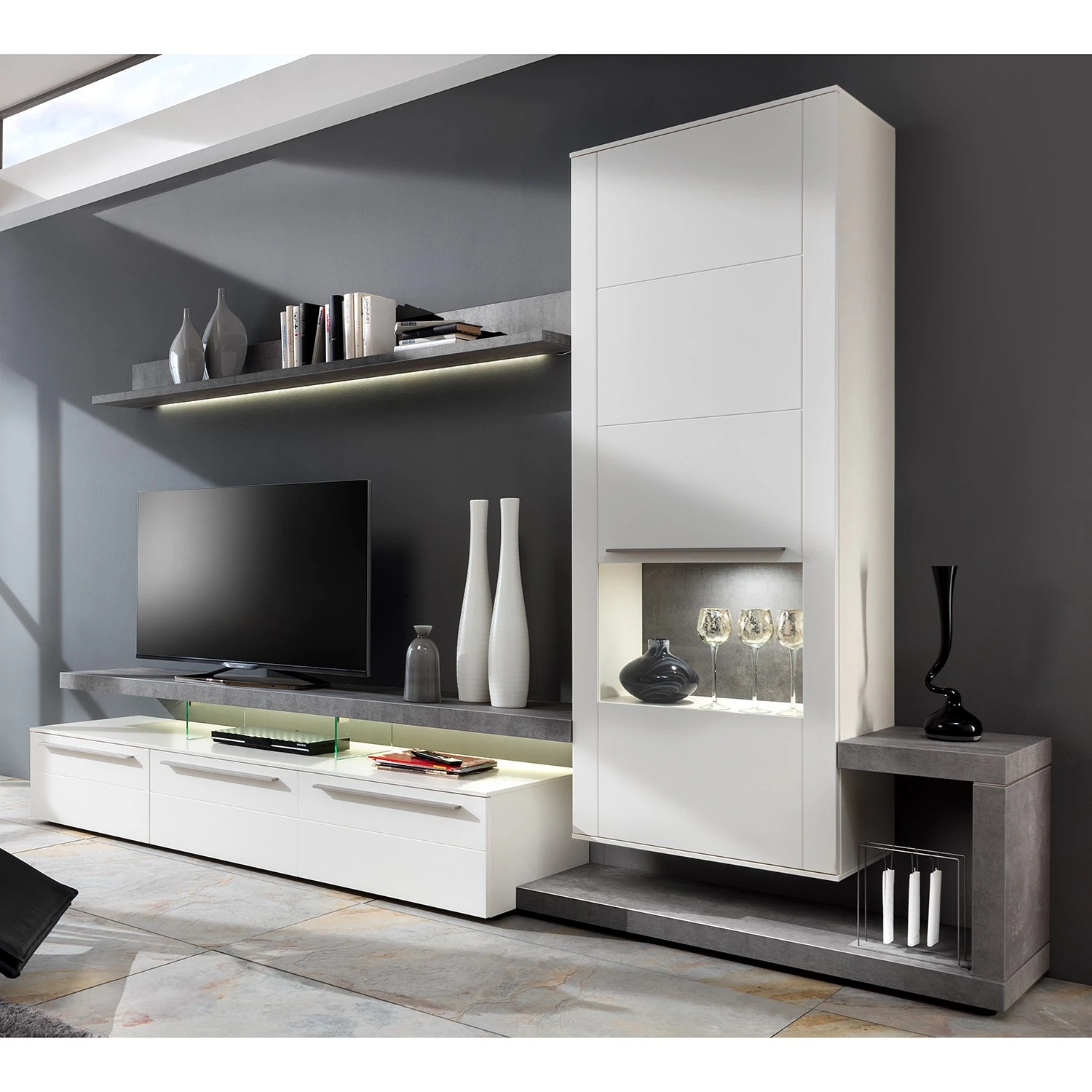 GWINNER Wohnwand Bellano II (3-teilig) - Matt Weiß / Beton Dekor - Ausrichtung rechts - Mit Beleuchtung 1 GWINNER Wohnwand Bellano II (3-teilig) - Matt Weiß / Beton Dekor - Ausrichtung rechts - Mit Beleuchtung