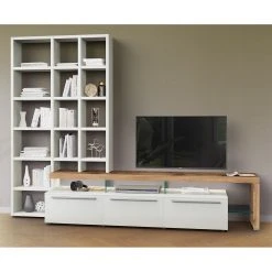 GWINNER Wohnkombination Bellano I (2-teilig) - Echtholzfurnier - Matt Weiß / Balkeneiche - Ausrichtung rechts - Mit Beleuchtung