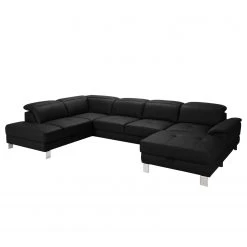Loftscape Wohnlandschaft Bussy - Echtleder - Echtleder Moja: Schwarz - Longchair davorstehend rechts / Ottomane links - Mit Schlaffunktion