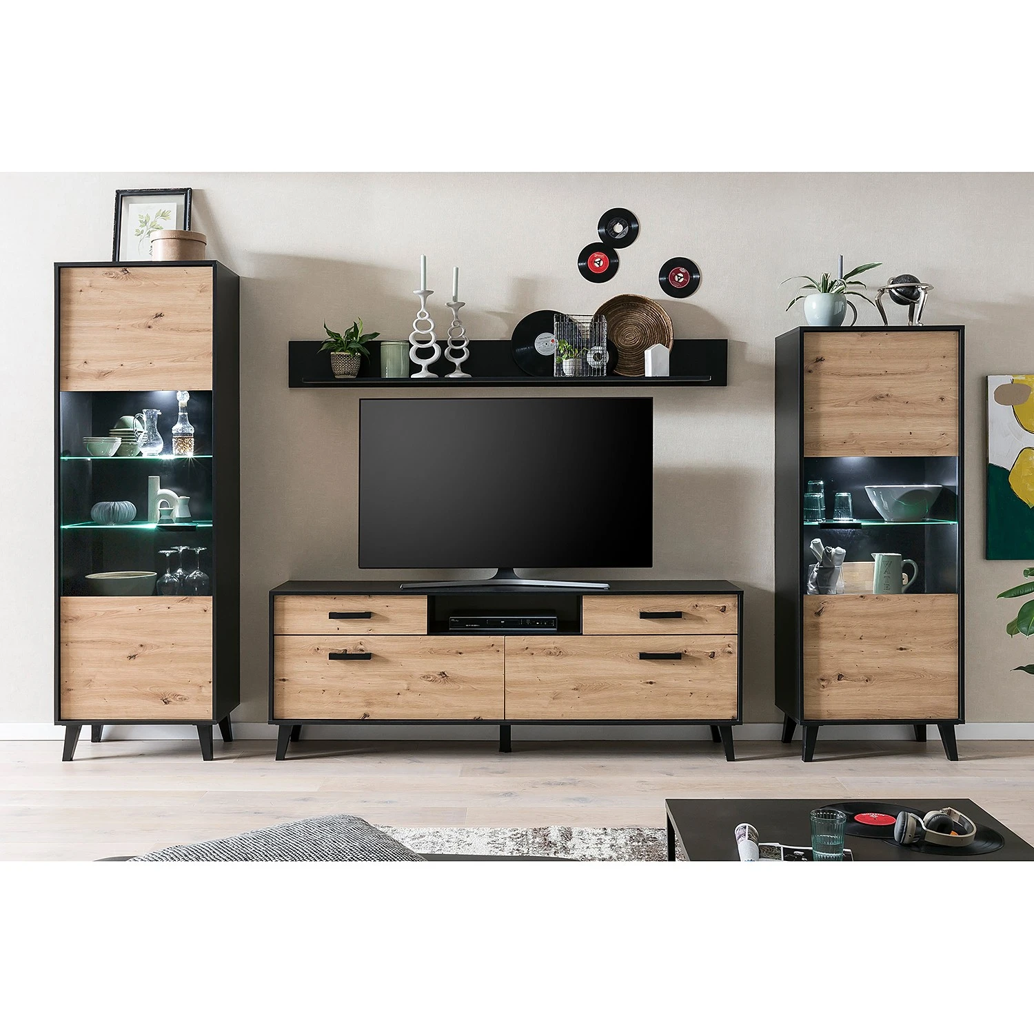 Norrwood Wohnwand Argenteuil I (4-teilig) - Eiche Artisan Dekor / Schwarz 1 Norrwood Wohnwand Argenteuil I (4-teilig) - Eiche Artisan Dekor / Schwarz