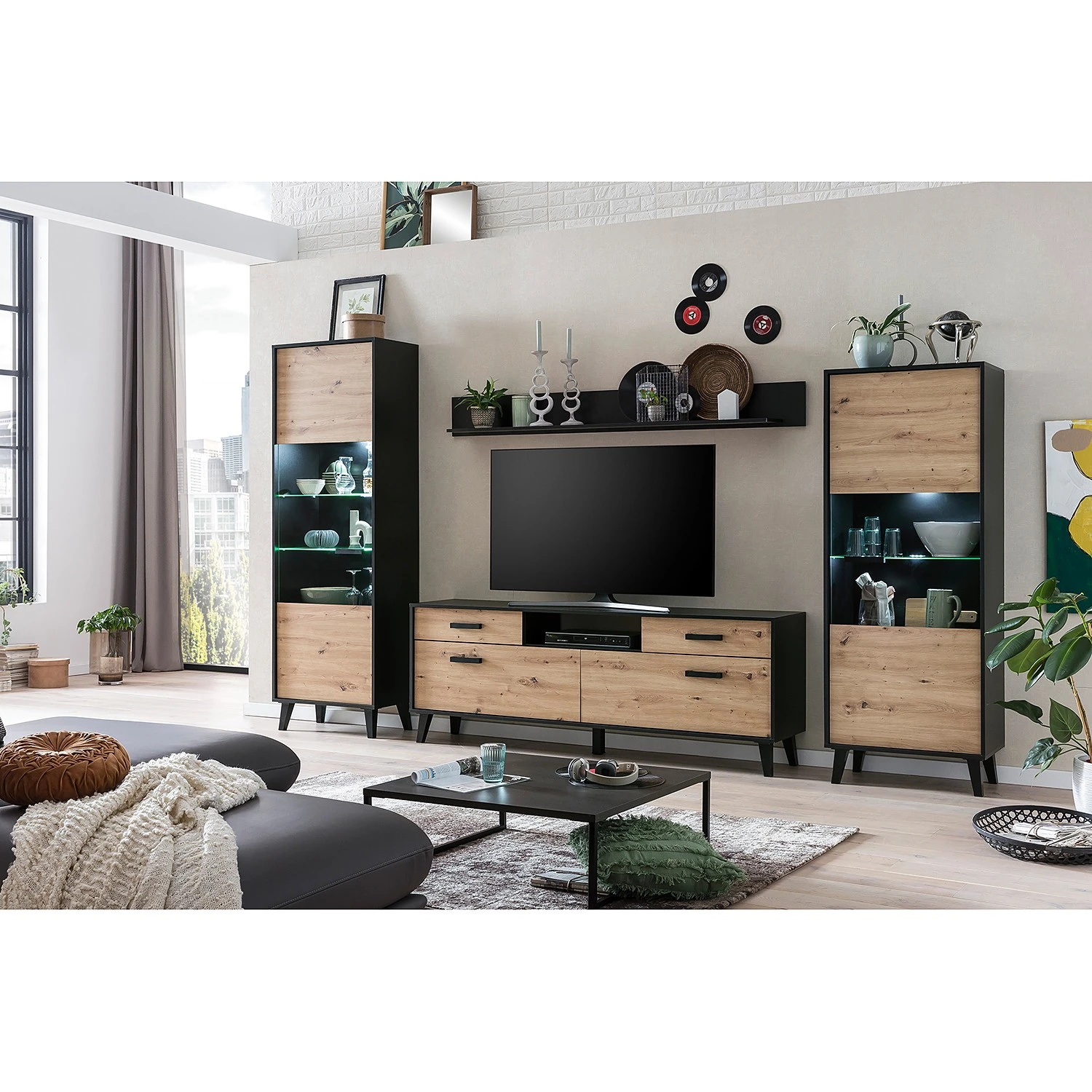 Norrwood Wohnwand Argenteuil I (4-teilig) - Eiche Artisan Dekor / Schwarz 2 Norrwood Wohnwand Argenteuil I (4-teilig) - Eiche Artisan Dekor / Schwarz – Bild 2