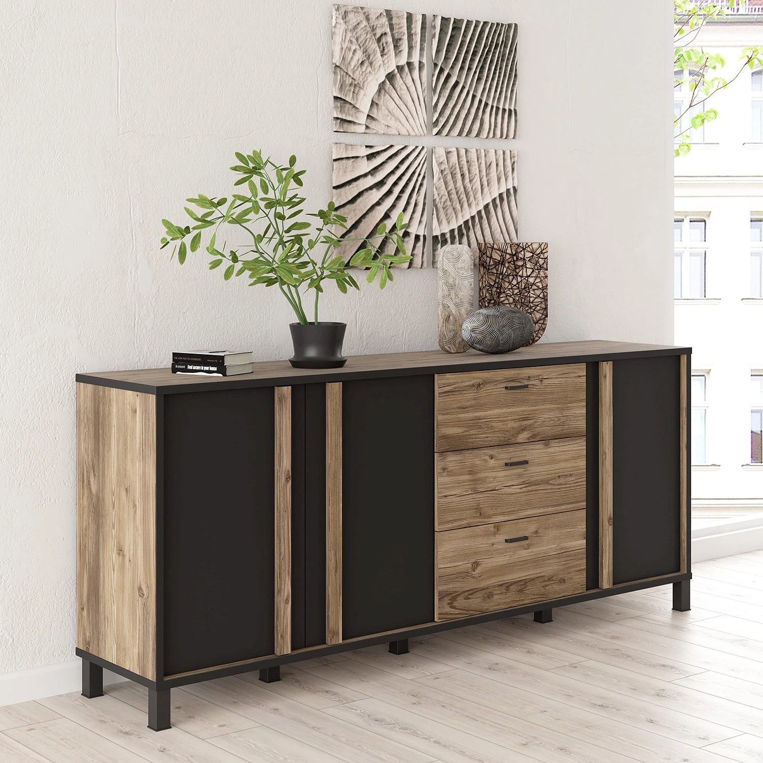 Red Living Sideboard Vallegrande II - Alpenkiefer Dekor / Schwarz 2 Red Living Sideboard Vallegrande II - Alpenkiefer Dekor / Schwarz – Bild 2