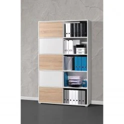 Schiebetürenregal Mingle I - Weiß / Eiche Sonoma Dekor -Wohnzimmermöbel boutique en ligne schiebetuerenregal mingle i weiss eiche sonoma dekor 5029144