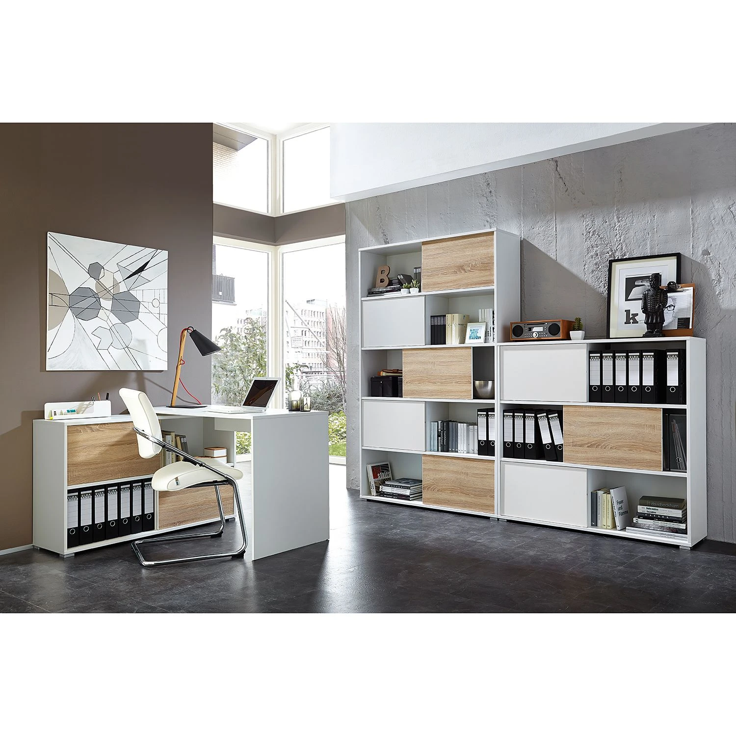 Germania Schiebetürenregal Mingle II - Weiß/Eiche Sonoma Dekor 4 Germania Schiebetürenregal Mingle II - Weiß/Eiche Sonoma Dekor – Bild 4